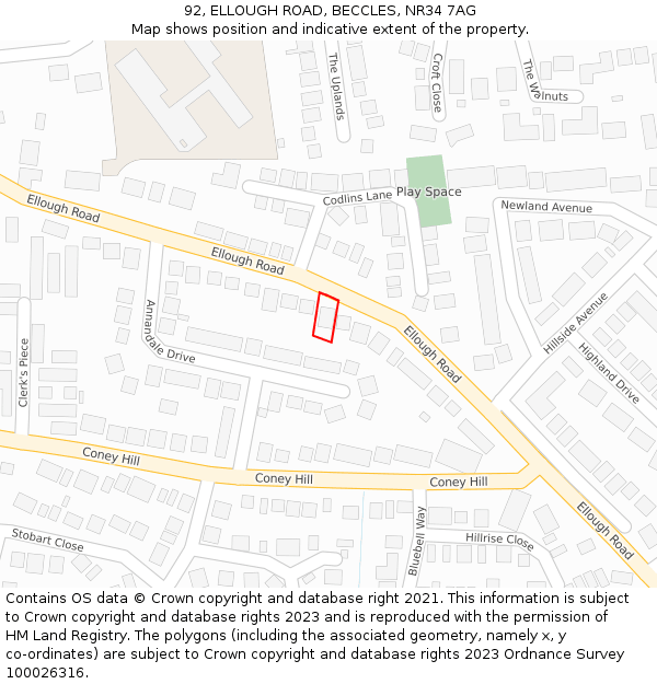 92, ELLOUGH ROAD, BECCLES, NR34 7AG: Location map and indicative extent of plot