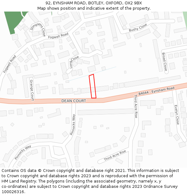 92, EYNSHAM ROAD, BOTLEY, OXFORD, OX2 9BX: Location map and indicative extent of plot