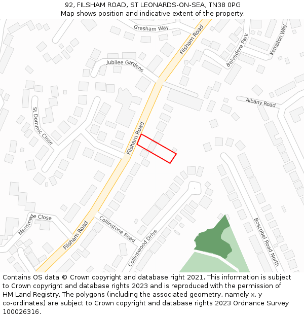 92, FILSHAM ROAD, ST LEONARDS-ON-SEA, TN38 0PG: Location map and indicative extent of plot