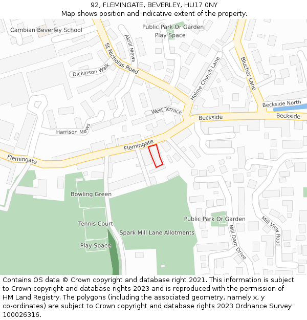 92, FLEMINGATE, BEVERLEY, HU17 0NY: Location map and indicative extent of plot