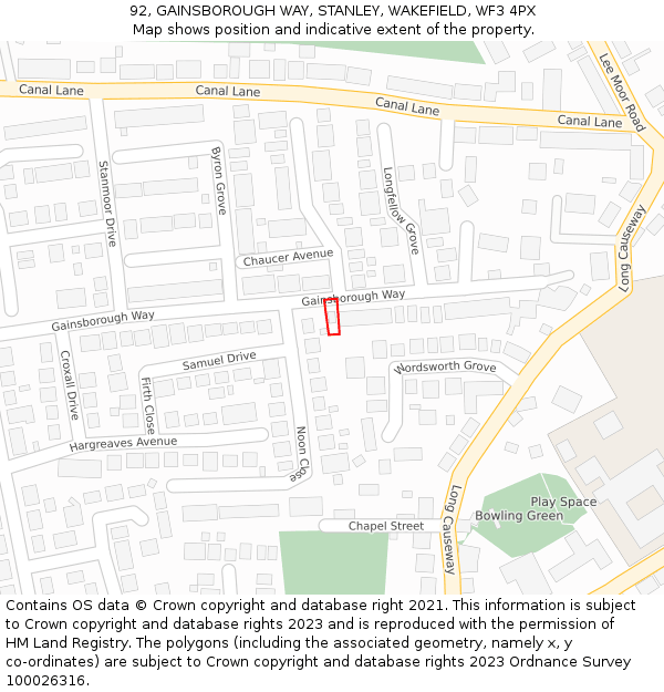 92, GAINSBOROUGH WAY, STANLEY, WAKEFIELD, WF3 4PX: Location map and indicative extent of plot