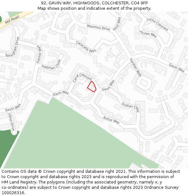 92, GAVIN WAY, HIGHWOODS, COLCHESTER, CO4 9FP: Location map and indicative extent of plot