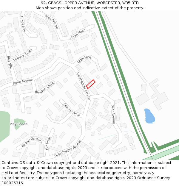 92, GRASSHOPPER AVENUE, WORCESTER, WR5 3TB: Location map and indicative extent of plot