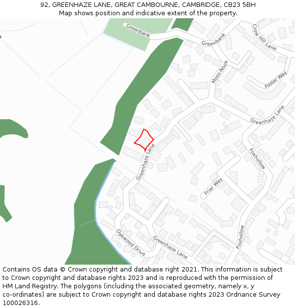 92, GREENHAZE LANE, GREAT CAMBOURNE, CAMBRIDGE, CB23 5BH: Location map and indicative extent of plot