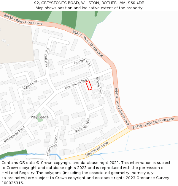 92, GREYSTONES ROAD, WHISTON, ROTHERHAM, S60 4DB: Location map and indicative extent of plot