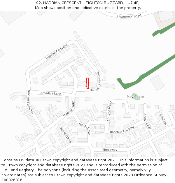 92, HADRIAN CRESCENT, LEIGHTON BUZZARD, LU7 4EJ: Location map and indicative extent of plot