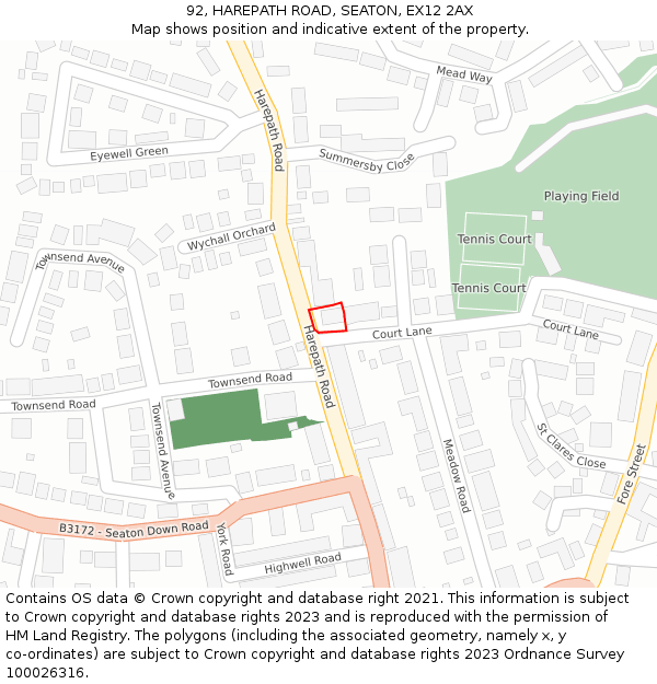 92, HAREPATH ROAD, SEATON, EX12 2AX: Location map and indicative extent of plot