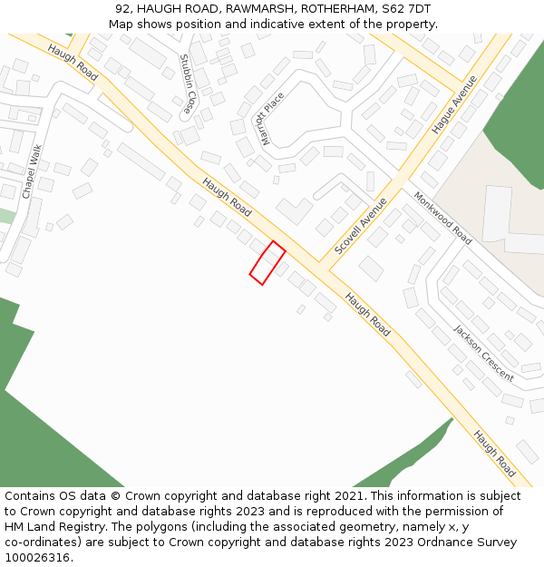 92, HAUGH ROAD, RAWMARSH, ROTHERHAM, S62 7DT: Location map and indicative extent of plot