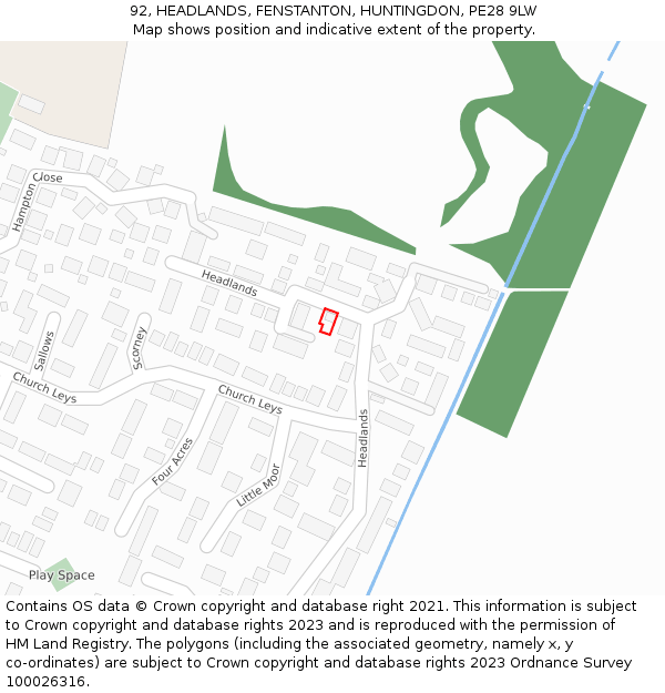 92, HEADLANDS, FENSTANTON, HUNTINGDON, PE28 9LW: Location map and indicative extent of plot