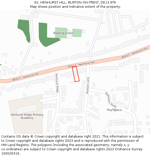 92, HENHURST HILL, BURTON-ON-TRENT, DE13 9TA: Location map and indicative extent of plot