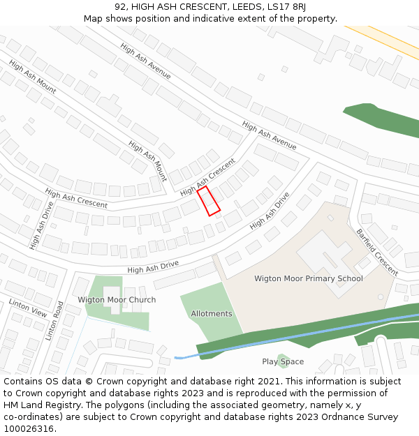 92, HIGH ASH CRESCENT, LEEDS, LS17 8RJ: Location map and indicative extent of plot