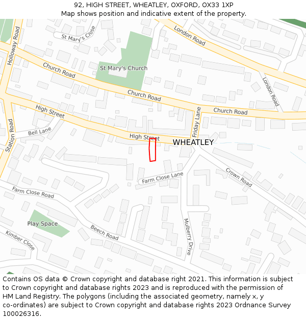 92, HIGH STREET, WHEATLEY, OXFORD, OX33 1XP: Location map and indicative extent of plot