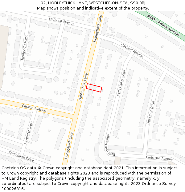 92, HOBLEYTHICK LANE, WESTCLIFF-ON-SEA, SS0 0RJ: Location map and indicative extent of plot