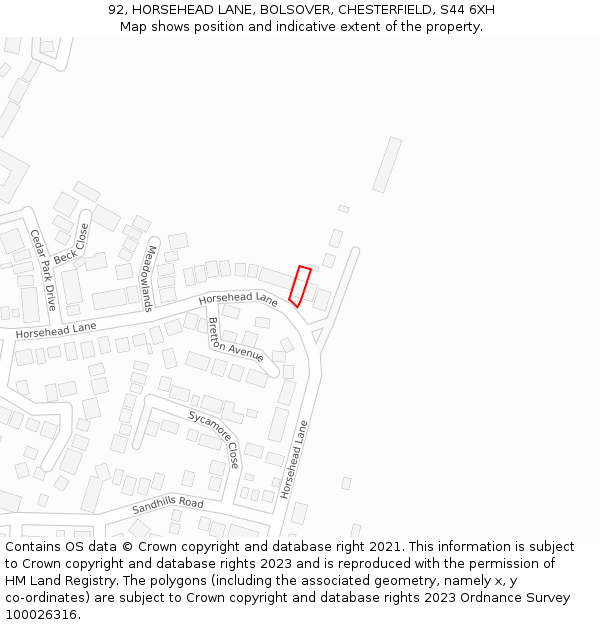 92, HORSEHEAD LANE, BOLSOVER, CHESTERFIELD, S44 6XH: Location map and indicative extent of plot