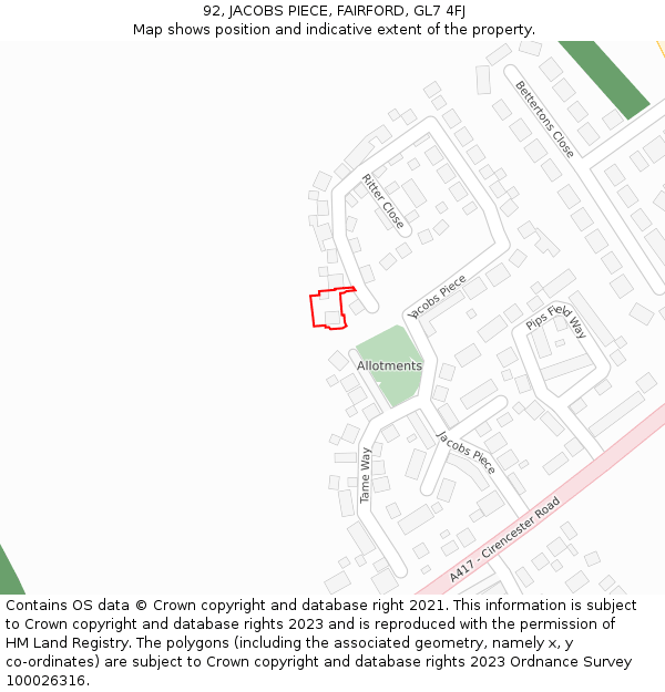 92, JACOBS PIECE, FAIRFORD, GL7 4FJ: Location map and indicative extent of plot