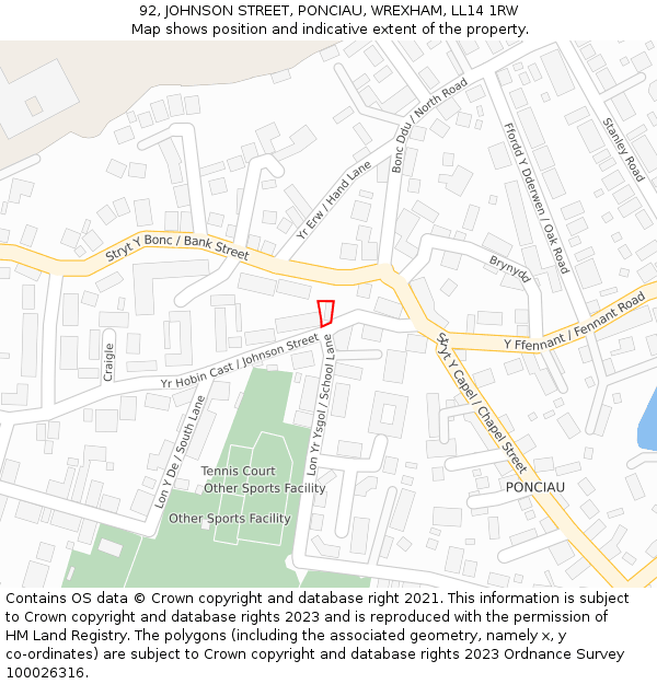 92, JOHNSON STREET, PONCIAU, WREXHAM, LL14 1RW: Location map and indicative extent of plot