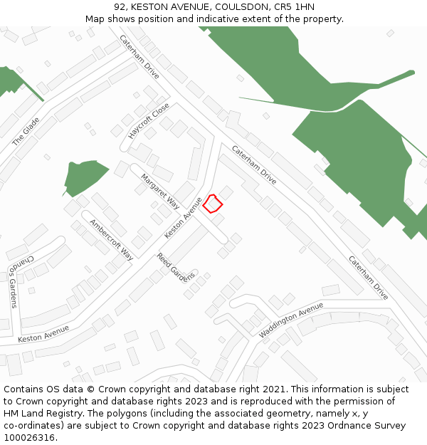 92, KESTON AVENUE, COULSDON, CR5 1HN: Location map and indicative extent of plot