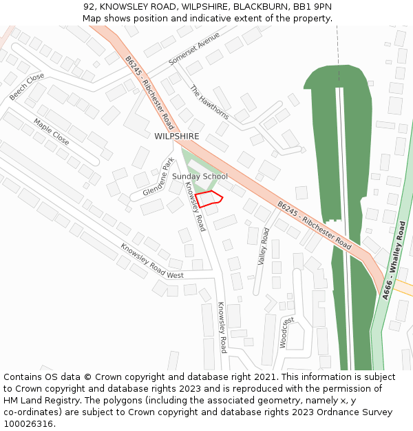 92, KNOWSLEY ROAD, WILPSHIRE, BLACKBURN, BB1 9PN: Location map and indicative extent of plot