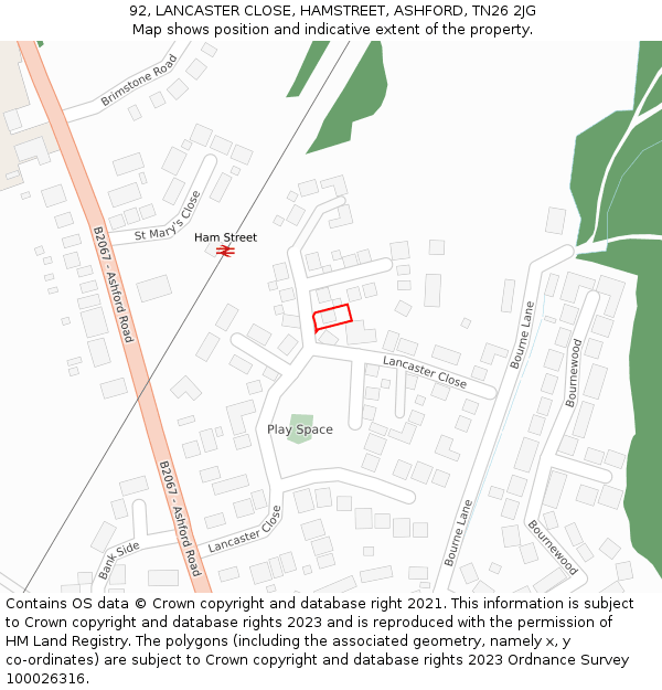 92, LANCASTER CLOSE, HAMSTREET, ASHFORD, TN26 2JG: Location map and indicative extent of plot