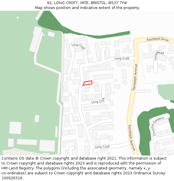 92, LONG CROFT, YATE, BRISTOL, BS37 7YW: Location map and indicative extent of plot