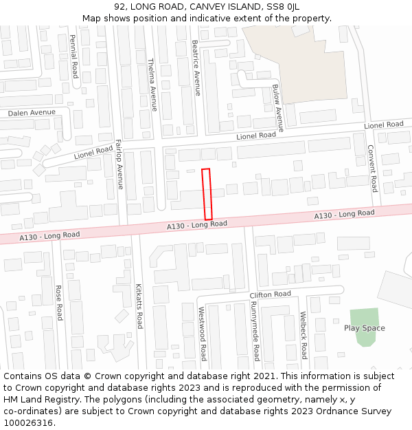 92, LONG ROAD, CANVEY ISLAND, SS8 0JL: Location map and indicative extent of plot
