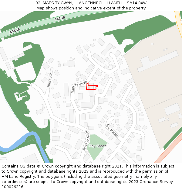 92, MAES TY GWYN, LLANGENNECH, LLANELLI, SA14 8XW: Location map and indicative extent of plot