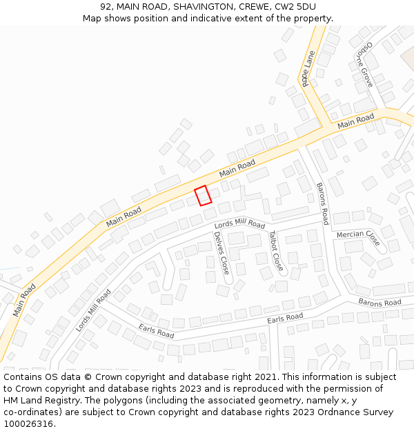 92, MAIN ROAD, SHAVINGTON, CREWE, CW2 5DU: Location map and indicative extent of plot