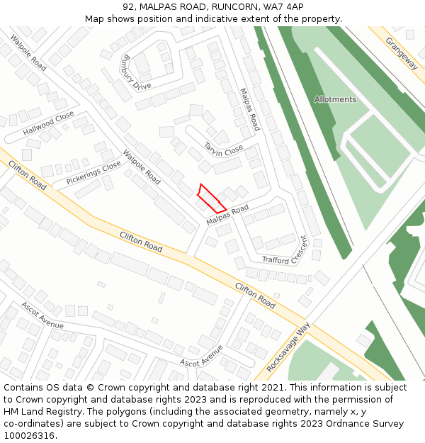 92, MALPAS ROAD, RUNCORN, WA7 4AP: Location map and indicative extent of plot