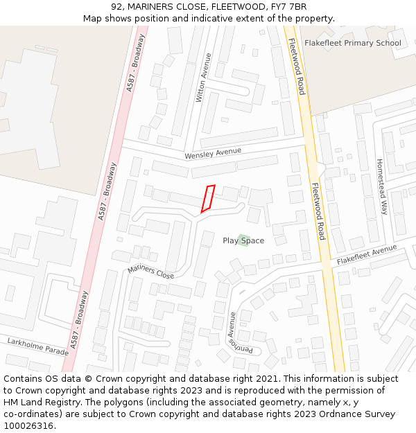 92, MARINERS CLOSE, FLEETWOOD, FY7 7BR: Location map and indicative extent of plot