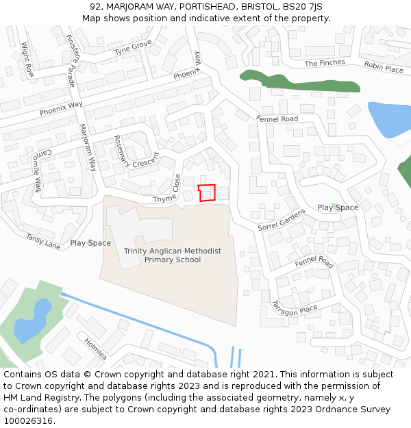 92, MARJORAM WAY, PORTISHEAD, BRISTOL, BS20 7JS: Location map and indicative extent of plot