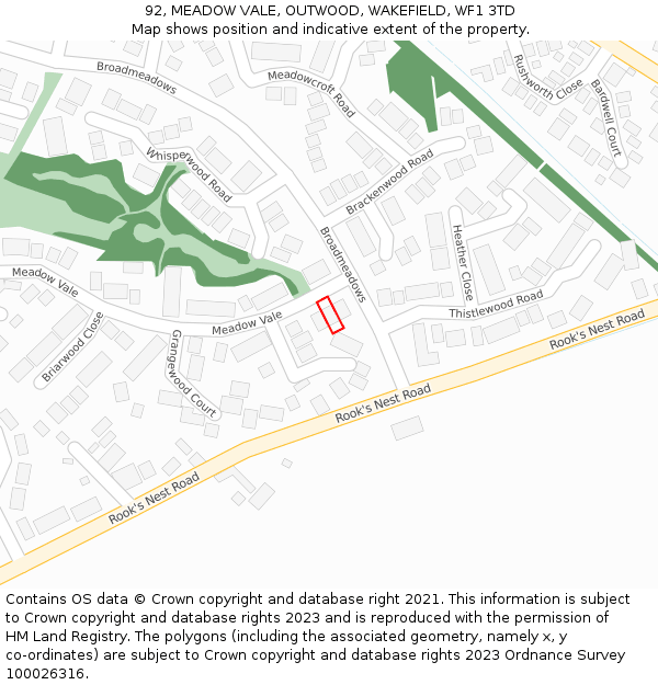 92, MEADOW VALE, OUTWOOD, WAKEFIELD, WF1 3TD: Location map and indicative extent of plot