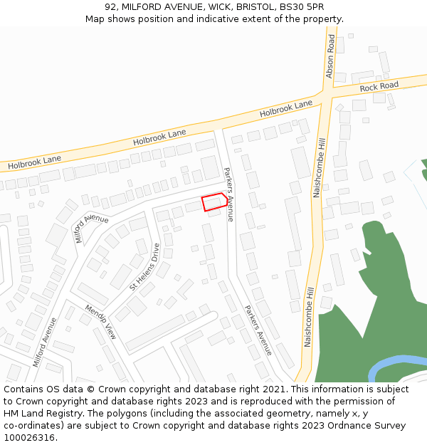 92, MILFORD AVENUE, WICK, BRISTOL, BS30 5PR: Location map and indicative extent of plot