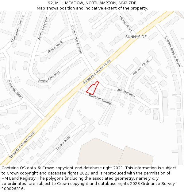 92, MILL MEADOW, NORTHAMPTON, NN2 7DR: Location map and indicative extent of plot