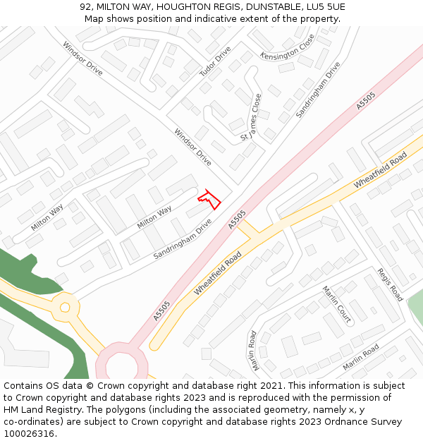 92, MILTON WAY, HOUGHTON REGIS, DUNSTABLE, LU5 5UE: Location map and indicative extent of plot