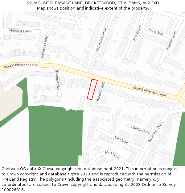 92, MOUNT PLEASANT LANE, BRICKET WOOD, ST ALBANS, AL2 3XD: Location map and indicative extent of plot
