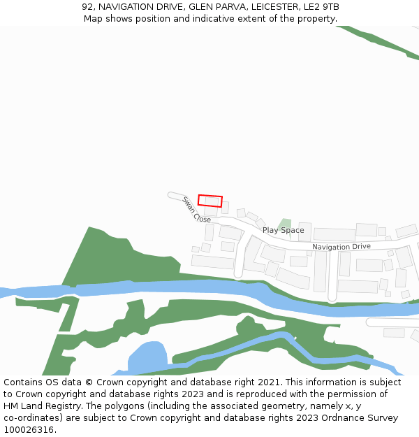 92, NAVIGATION DRIVE, GLEN PARVA, LEICESTER, LE2 9TB: Location map and indicative extent of plot