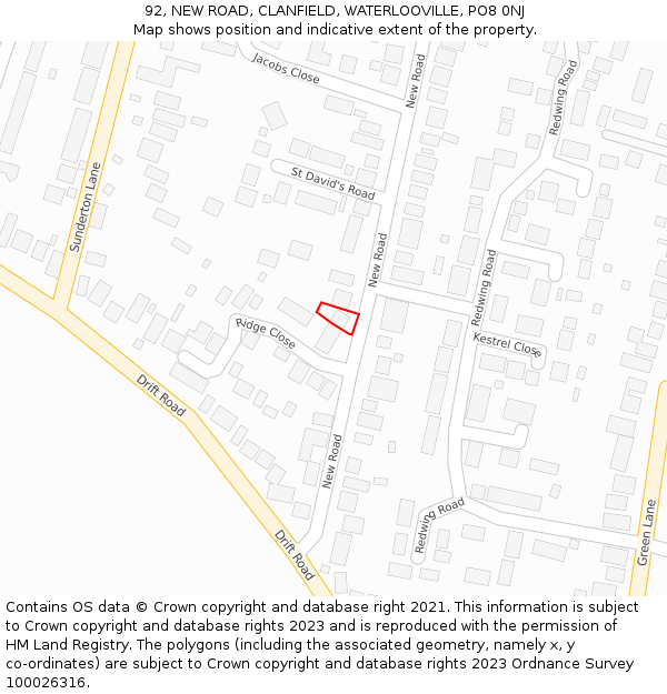 92, NEW ROAD, CLANFIELD, WATERLOOVILLE, PO8 0NJ: Location map and indicative extent of plot