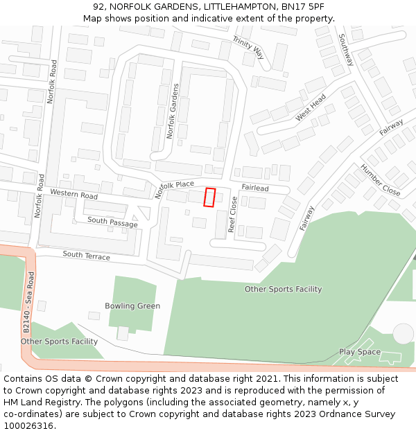 92, NORFOLK GARDENS, LITTLEHAMPTON, BN17 5PF: Location map and indicative extent of plot