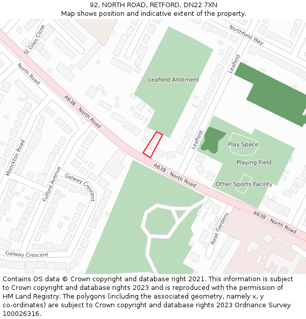 92, NORTH ROAD, RETFORD, DN22 7XN: Location map and indicative extent of plot