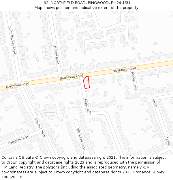 92, NORTHFIELD ROAD, RINGWOOD, BH24 1SU: Location map and indicative extent of plot