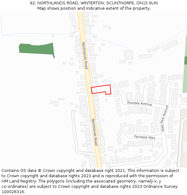 92, NORTHLANDS ROAD, WINTERTON, SCUNTHORPE, DN15 9UN: Location map and indicative extent of plot