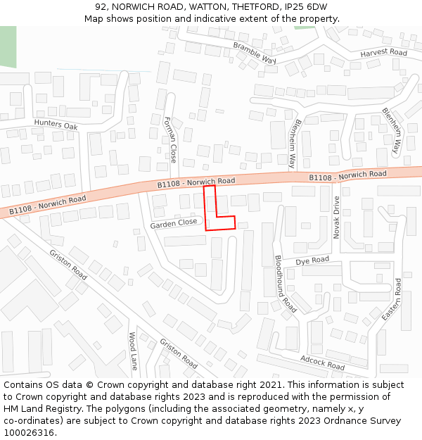 92, NORWICH ROAD, WATTON, THETFORD, IP25 6DW: Location map and indicative extent of plot