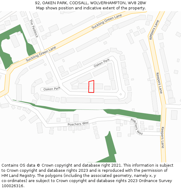 92, OAKEN PARK, CODSALL, WOLVERHAMPTON, WV8 2BW: Location map and indicative extent of plot