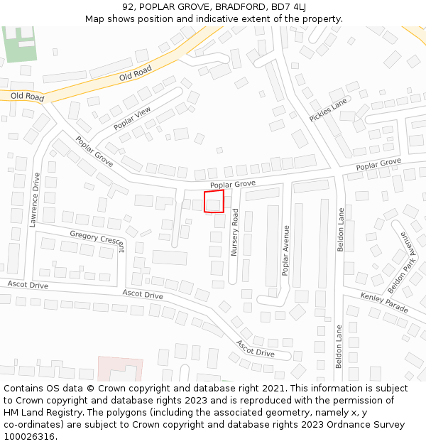 92, POPLAR GROVE, BRADFORD, BD7 4LJ: Location map and indicative extent of plot