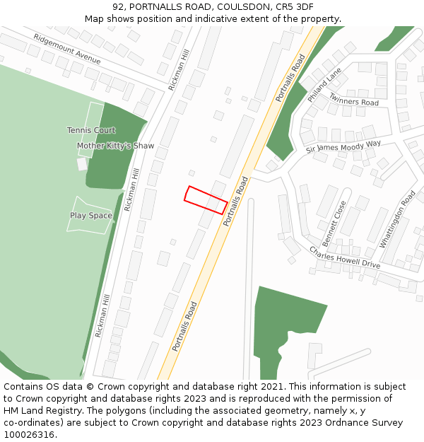 92, PORTNALLS ROAD, COULSDON, CR5 3DF: Location map and indicative extent of plot