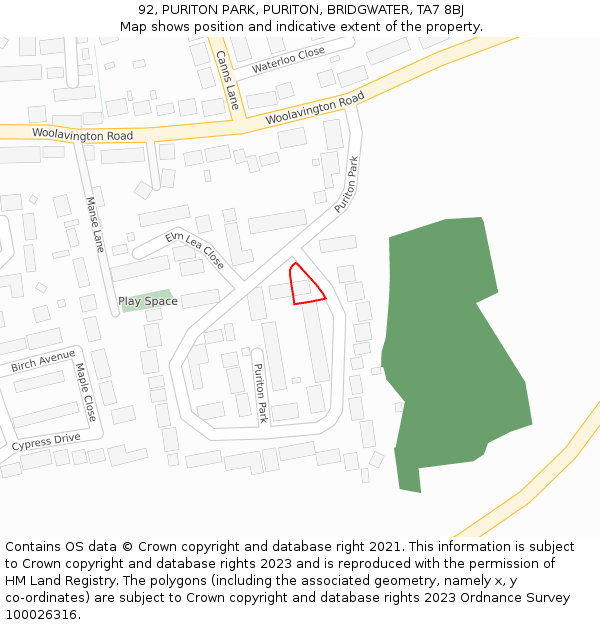 92, PURITON PARK, PURITON, BRIDGWATER, TA7 8BJ: Location map and indicative extent of plot