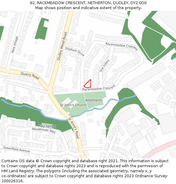 92, RACEMEADOW CRESCENT, NETHERTON, DUDLEY, DY2 0DX: Location map and indicative extent of plot