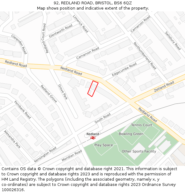 92, REDLAND ROAD, BRISTOL, BS6 6QZ: Location map and indicative extent of plot