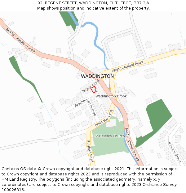 92, REGENT STREET, WADDINGTON, CLITHEROE, BB7 3JA: Location map and indicative extent of plot