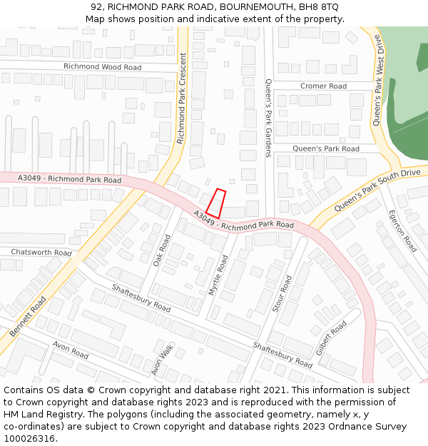 92, RICHMOND PARK ROAD, BOURNEMOUTH, BH8 8TQ: Location map and indicative extent of plot